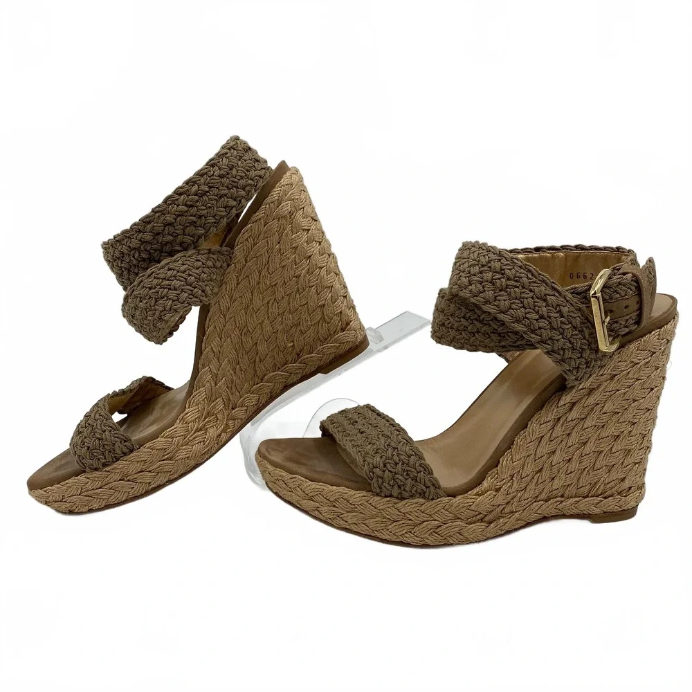 Stuart Weitzman Brown Woven Espadrille Wedge | Leather, Size US 10